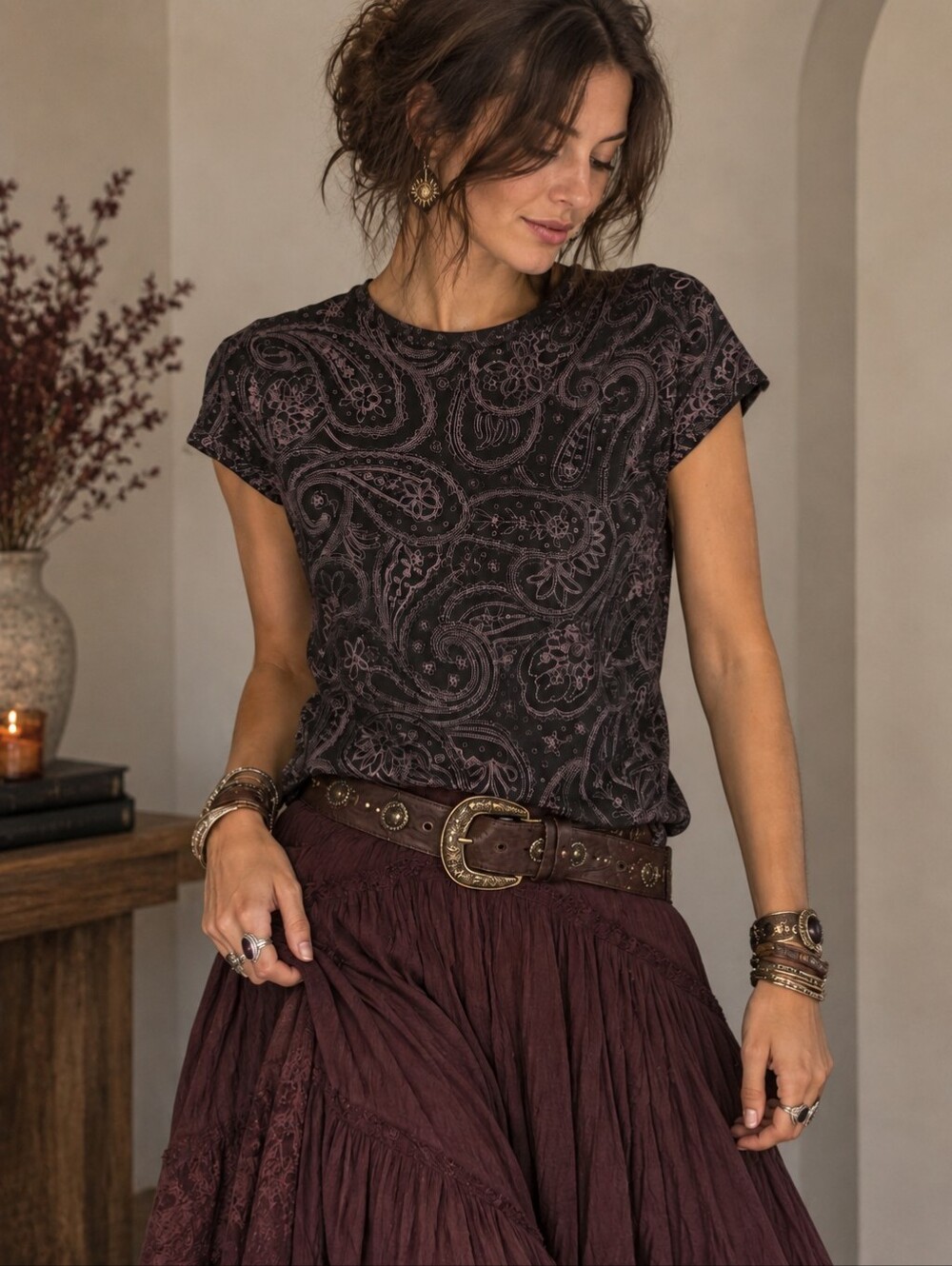 Vintage 90s Y2K Paisley Top Whimsigoth Witchy Boho Cap Sleeve Tee Blouse S/M